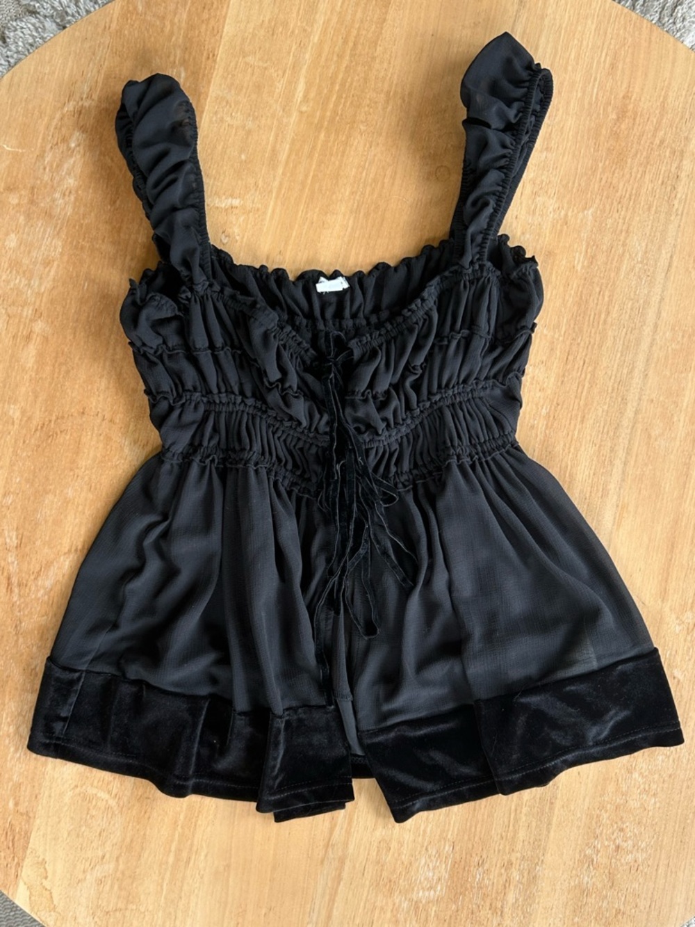 UO Melissa Tie-Front Velvet Trim Babydoll Blouse
